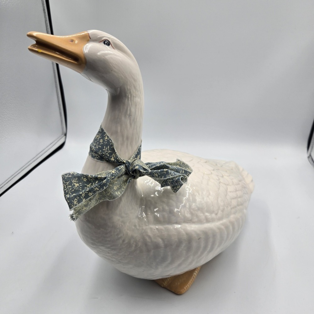 Vintage Ceramic White Goose Duck Blue Ribbon Figurine‎ Large Cottagecore Decor